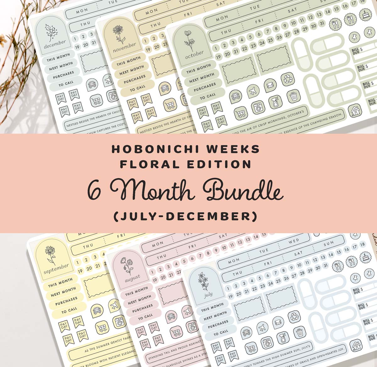 Hobonichi Weeks, Monthly Flower Kit- Bundle ( all 6 Months July-Dec)