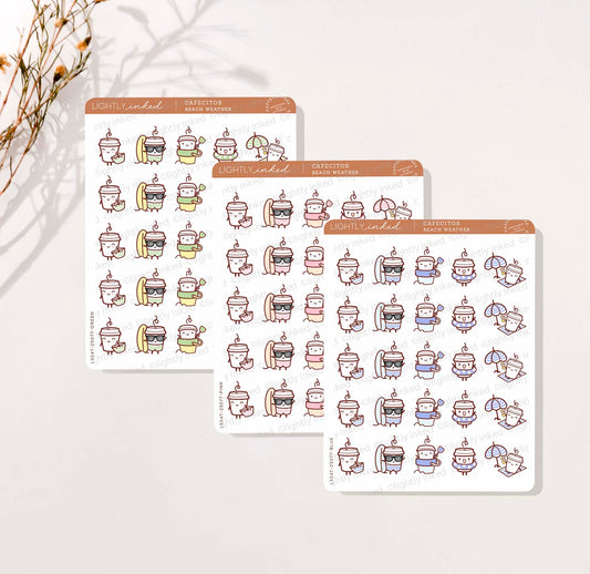 Beach Weather Cafecito Character Stickers for your planner